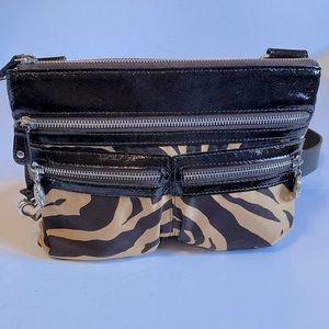 Brighton Crossbody Patent Leather Bag, Brown & Tan Zebra Print